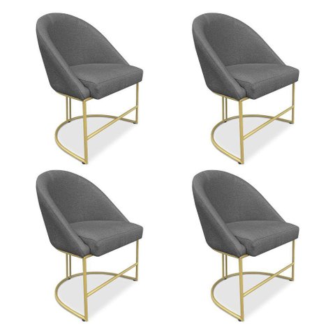 Kit 04 Cadeiras Poltrona de Jantar Bela Linho Grafite Base Metálica Industrial Dourado - Pallazio