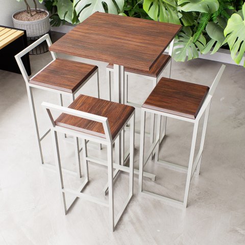 Conjunto Mesa Alta Bar Bistrô Quadrada 4 Banquetas Confort Imbuia Industrial White Don Castro Decor 