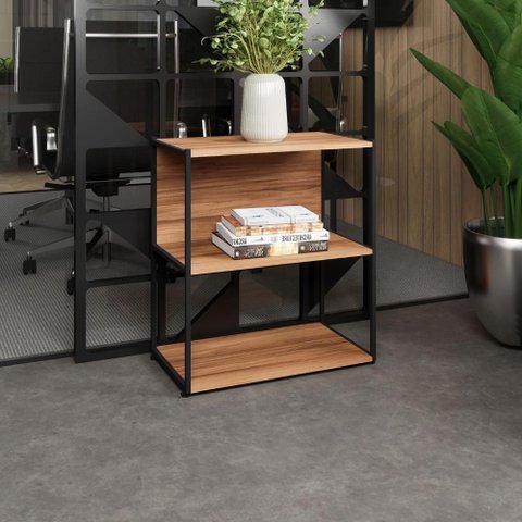 Estante Baixa Escritório 63cm X 36cm 3 Prateleiras F5 Office Cor:nogal com Preto