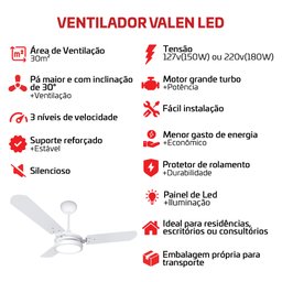 Ventilador de Teto Valen Led Branco 3 Pás Ventex 220v - 2