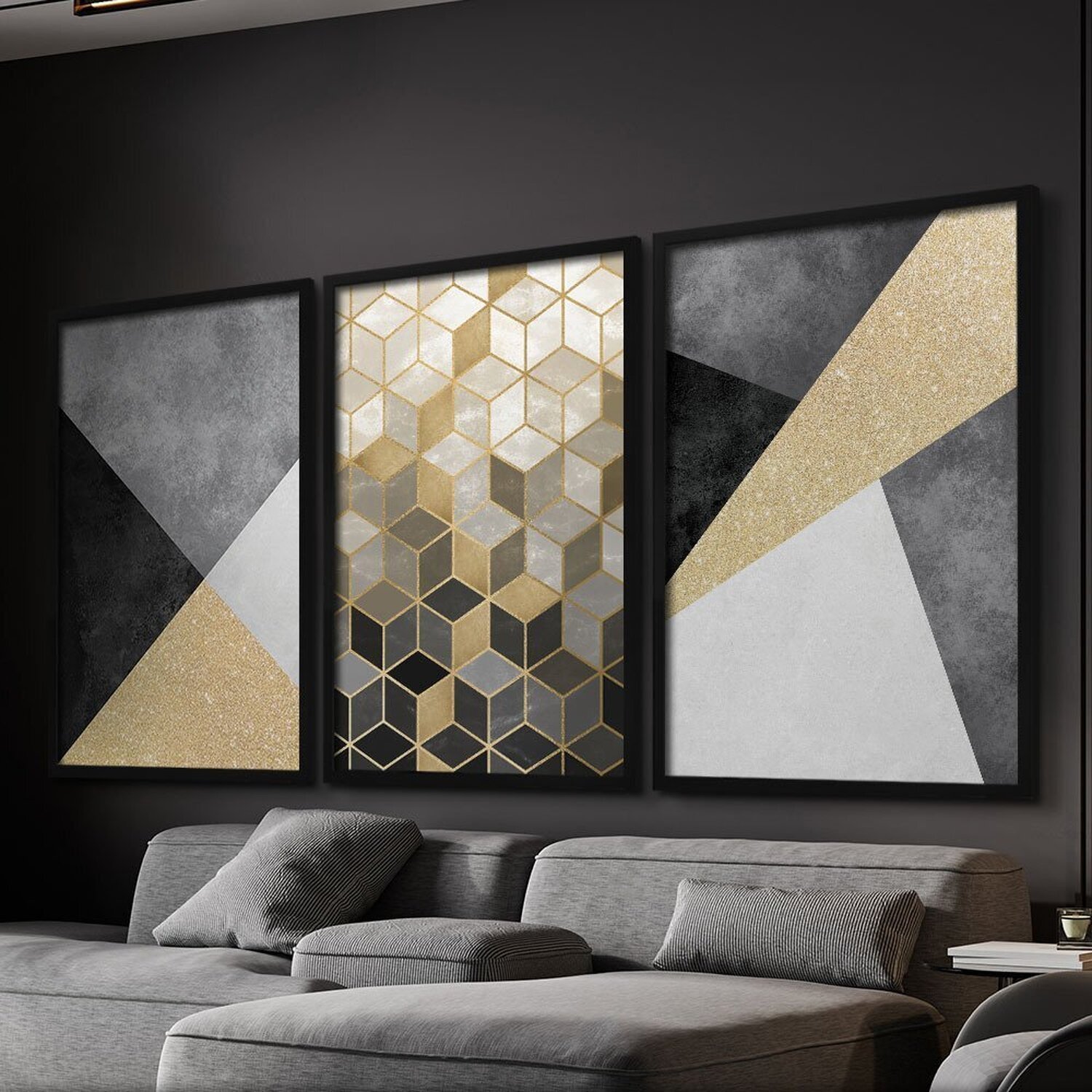 Quadro Decorativo 3 Telas Dourado Diversos Tamanhos - 1