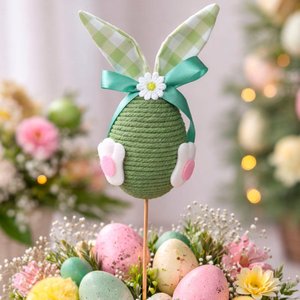 Decoração Páscoa Palito Ovo Verde Coelho Laço Arranjo 35cm