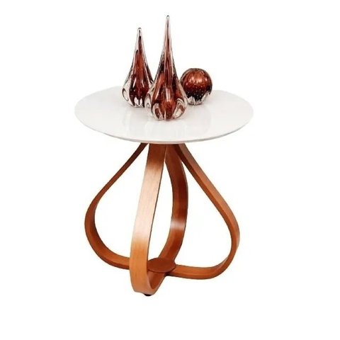 Mesa lateral tampo branco vidro 50cm diâmetro pés cebola 60cm altura