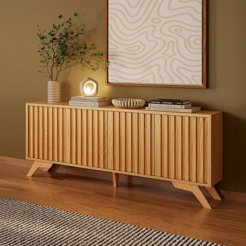 Buffet Aparador Retrô 4 Portas Ripadas 100% MDF 180cm Marrom Carvalho Rose