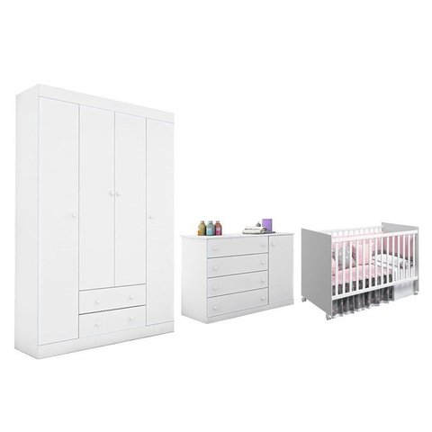 Dormitório Infantil Helena Guarda Roupa, Cômoda e Berço Mel Branco - Phoenix Baby