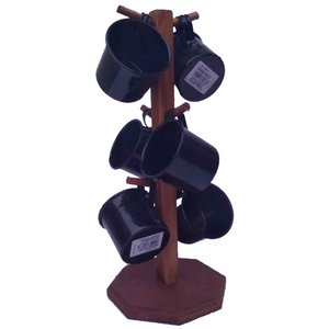 Suporte Rústico com 6 Canecas de Café em Alumínio Esmaltadas - Black