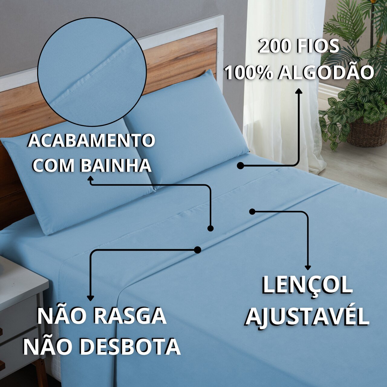 Kit Roupa de Cama Queen Percal 200 Fios 100% Algodão com Elástico e Fronhas 4 Peças:azul Bebe - 7