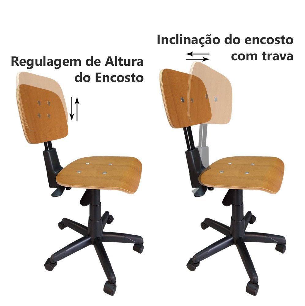 Cadeira Costureira Back System Giratória De Madeira Com Rodinha Regulagem de Altura - 3