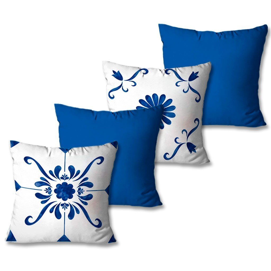 Kit com 4 Capas de Almofadas Decorativas Azulejo Azul - 1