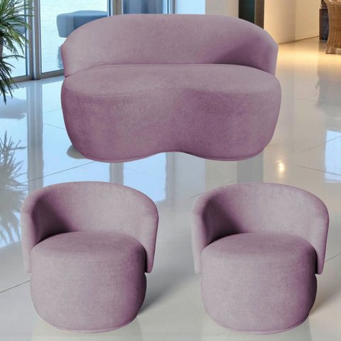 Kit Namoradeira + 2 Poltronas Decorativa Beatriz Orgânica Veludo Rosê