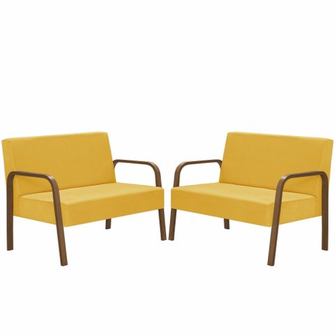 Kit Poltrona Decorativa 2 Namoradeiras de 2 Lugares Jade Braço Madeira D Salla Suede Amarelo