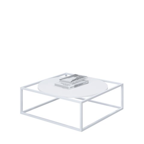 Mesa de Centro Sala 84x84x35cm Aço Branco e Madeira Industrial Moon Don Castro Decor