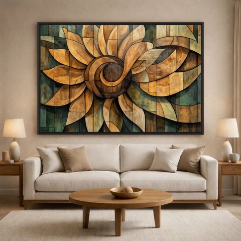 Quadro Abstrato Grande Mandala Girassol Ancestral Madeira