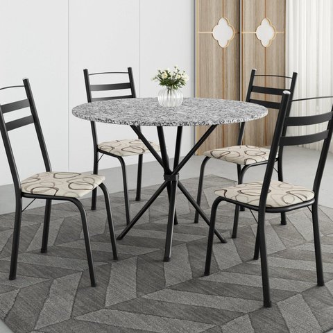 Conjunto Sala de Jantar Mesa Redonda 80cm Tampo Granito com 4 Cadeiras Milla Preto/Cedro/Ocre