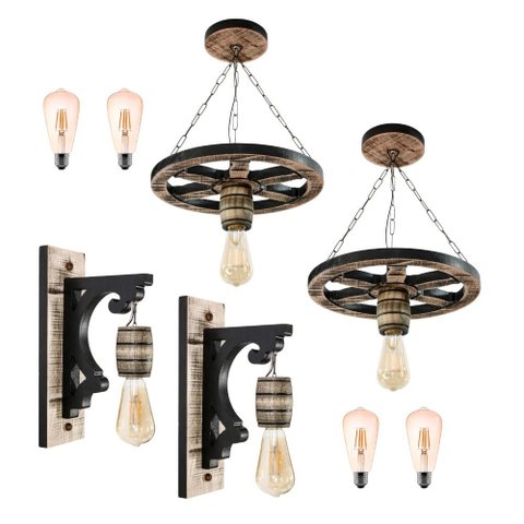Kit Luminárias 2 Pendentes Roda de Carroça e 2 Arandelas de Parede - Rústico + Lâmpadas