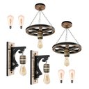 Ver imagem 1 de Kit Luminárias 2 Pendentes Roda de Carroça e 2 Arandelas de Parede - Rústico + Lâmpadas