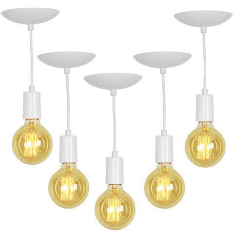 Kit 5 Pendente Tubo Cilindro Alumínio Branco Fio 120cm