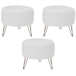 Kit 03 Puffs Decorativos Redondo Couro Branco Fosco - 1