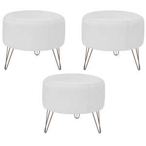 Kit 03 Puffs Decorativos Redondo Couro Branco Fosco