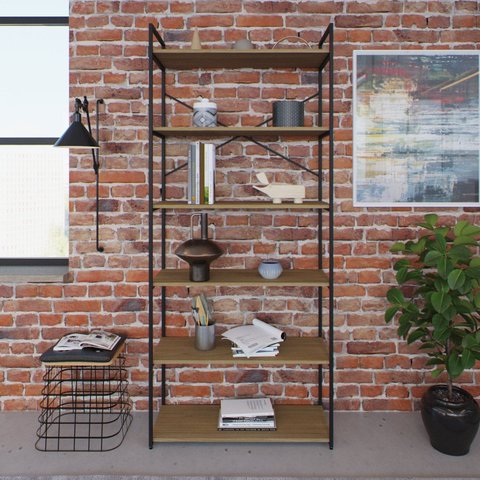 Estante Alta com 6 Prateleiras 185x80x33cm Yon Marrom/Vermont/Preto