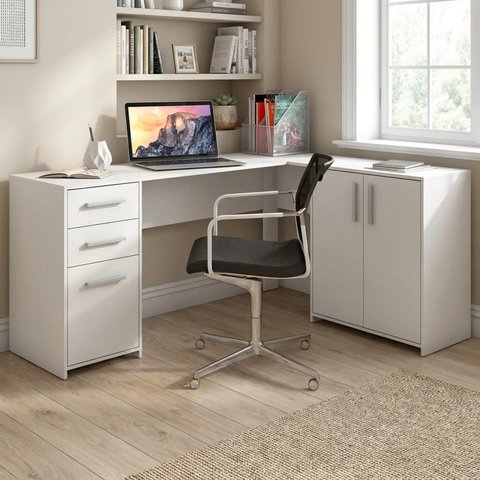 Escrivaninha Mesa para Escritório de Canto em L 3 Portas 2 Gavetas 157cm Branca Office