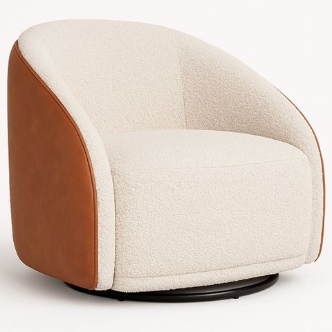 Poltrona Giratória 87cm Heidi Courino Caramelo / Bouclé Off White - Sallar Home