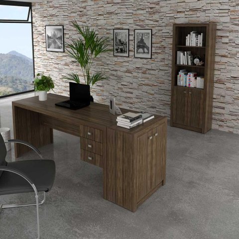 Kit Escritório com 1 Mesa Balcão 2 Portas e Estante 3 Nichos Cor:nogal