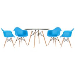 KIT - Mesa Eames com tampo de vidro 120 cm + 4 cadeiras Eiffel DAW Azul céu - 1