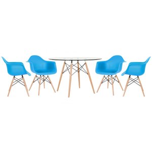 KIT - Mesa Eames com tampo de vidro 120 cm + 4 cadeiras Eiffel DAW Azul céu