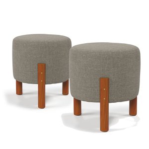 2 Puf Puff Redondo com Pés em Madeira 35x35cm Tecido Linho Cor Cinza
