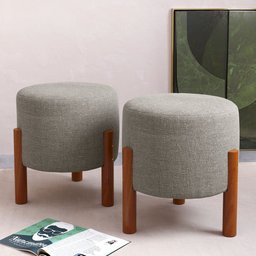 2 Puf Puff Redondo com Pés em Madeira 35x35cm Tecido Linho Cor Cinza - 2