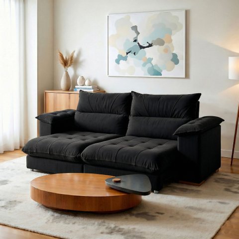 Sofá Retrátil e Reclinável 4 Lugares Veludo Classic Sala de Estar Italia 290cm Preto