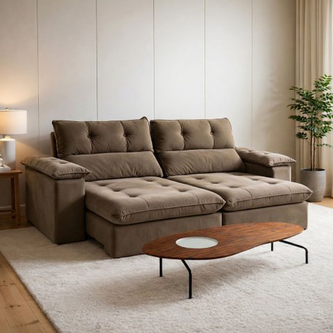 Sofá Retrátil e Reclinável 4 Lugares Veludo Classic Sala de Estar Vancouver 290cm Marrom Bege