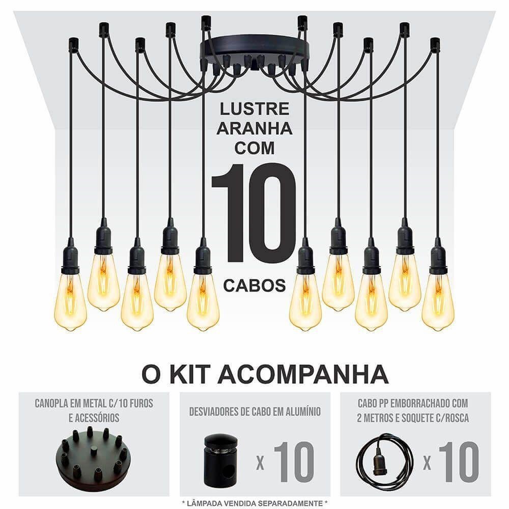 Lustre Aranha com 10 Pendentes (2m Cabo Preto+ Soquetes + Canopla) - 7