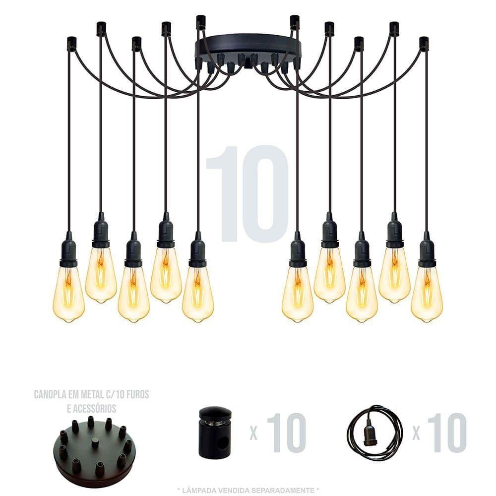 Lustre Aranha com 10 Pendentes (2m Cabo Preto+ Soquetes + Canopla) - 2