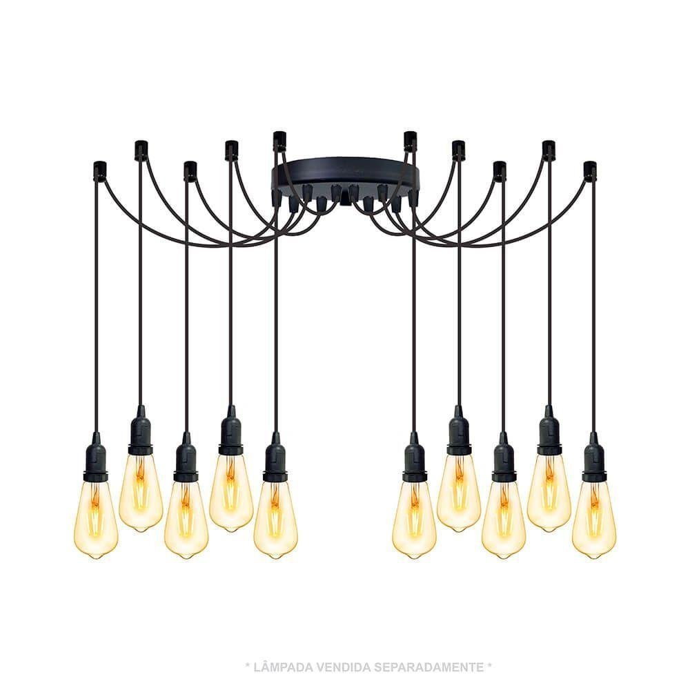 Lustre Aranha com 10 Pendentes (2m Cabo Preto+ Soquetes + Canopla)