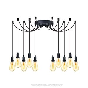 Lustre Aranha com 10 Pendentes (2m Cabo Preto+ Soquetes + Canopla)