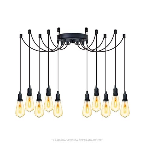 Lustre Aranha com 10 Pendentes (2m Cabo Preto+ Soquetes + Canopla)
