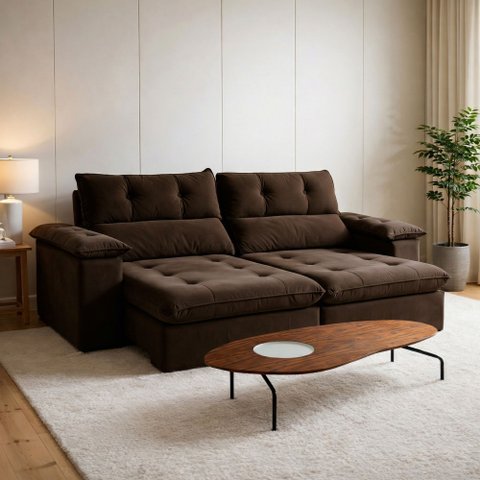 Sofá Retrátil e Reclinável 4 Lugares Veludo Classic Vancouver 290cm Bege Marrom