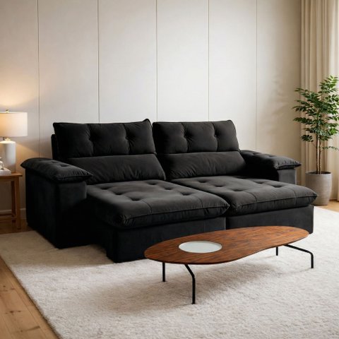 Sofá Retrátil e Reclinável 4 Lugares Veludo Classic Sala de Estar Vancouver 290cm Preto