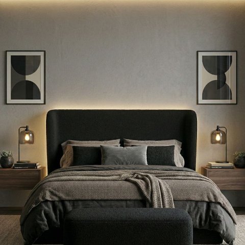 Cabeceira Cama Casal Queen Size Livia 160cm Orgânica Curva Bouclê Preto - Vimont Moveis