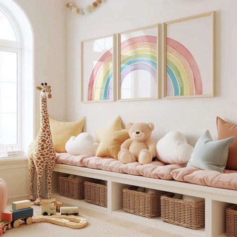 Kit 3 Quadros Decorativos Infantil | Quarto Bebê - Arco Iris Boho NO2 - 30x40 - Moldura Madeira