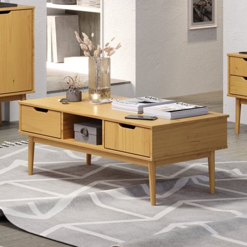 Mesa de Centro 2 Gavetas em Madeira Maciça Linha Nórdica Yescasa 