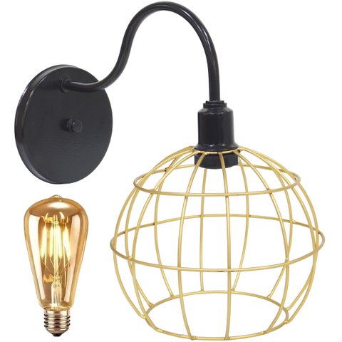 Luminária Arandela Parede Aramada Globo Industrial Retro + Lâmpada Led Vintage Preto/Dourado