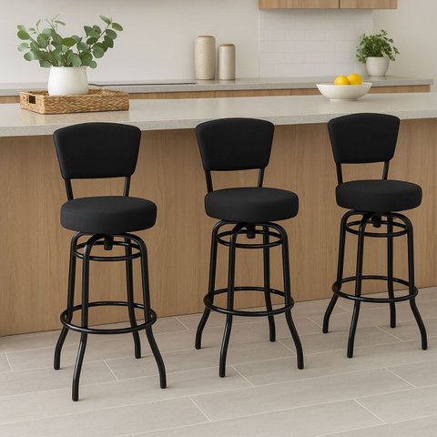 Kit 3 Banquetas Alta Bar Giratória com Encosto Cor Preta Assento Grosso Confortável Linho Preto