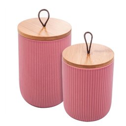 Jogo Pote Hermético de Cerâmica com Tampa de Bambu Rosa 2 peças - Lyor - 1
