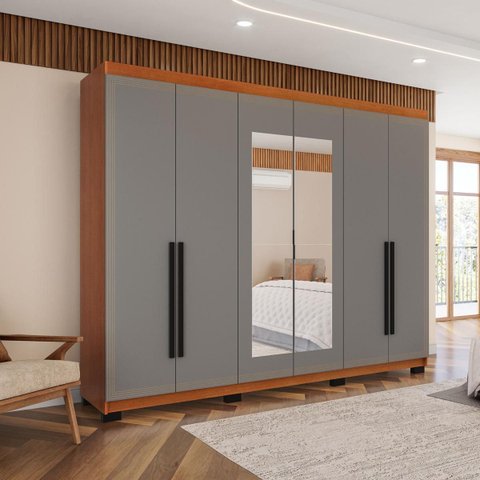 Roupeiro Casal Valência 6 Portas com Espelho 242x214cm Freijó/Cinza 240852