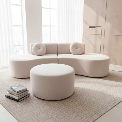 Sofá Modular Orgânico Monterrey 260cm + Puff Bouclé Marfim