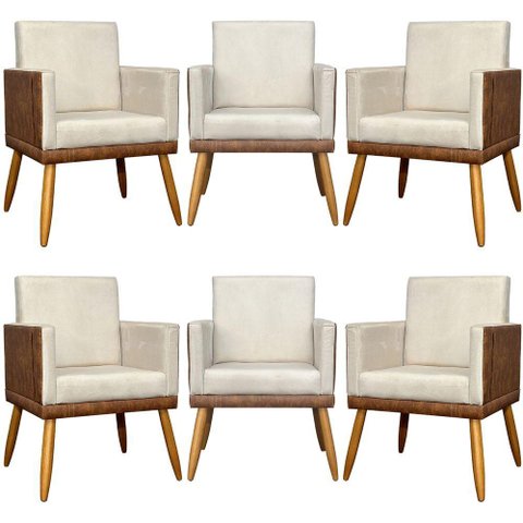 Kit 6 Poltronas Decorativas para Escritório Lis Corino e Pé 30cm - Bege Suede Corino