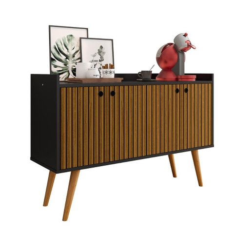 Aparador Buffet Dallas 4 Portas Decoração Cantinho Café Pés Palito Retrô Preto/ripado Nature -